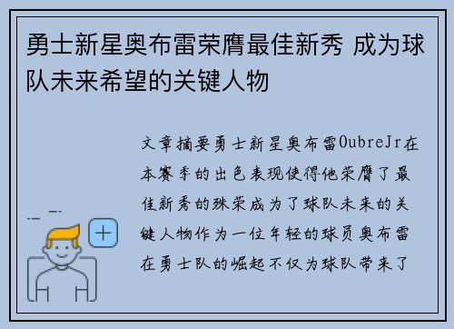 勇士新星奥布雷荣膺最佳新秀 成为球队未来希望的关键人物