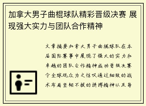 加拿大男子曲棍球队精彩晋级决赛 展现强大实力与团队合作精神